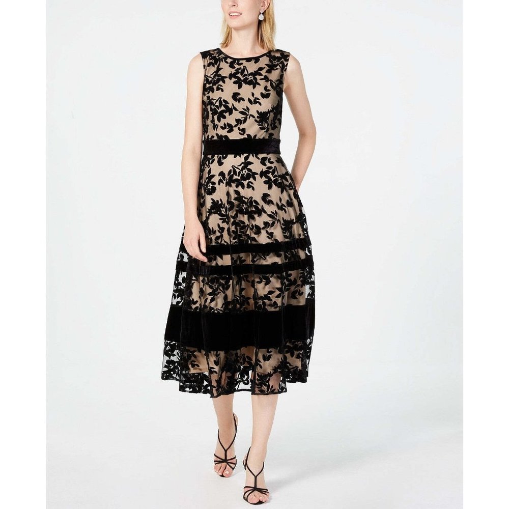 Taylor Womens Black Nude Floral Print Fit & Flare Dress Size 10 Whimsygoth